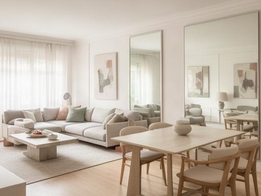 Mismo departamento después de la renovación: paleta neutra luminosa, sofá modular moderno, mesa de comedor con sillas de diseño y espejo grande que duplica la luz