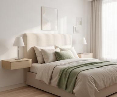 Dormitorio principal luminoso con respaldo tapizado, mesas de luz flotantes y ropa de cama en tonos neutros con acentos verde salvia