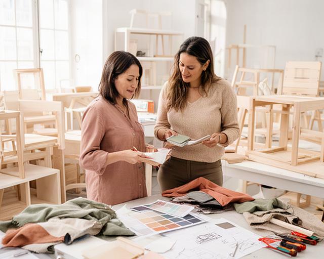 Equipo de interiorismo de R.B. Jimenez en Buenos Aires, dos diseñadoras revisando muestras de tela y paletas de color en un taller luminoso con muebles en proceso