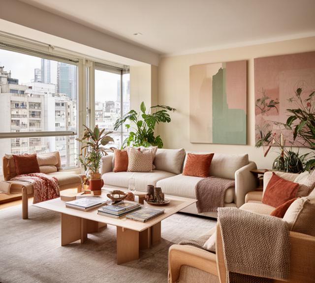 Living moderno con muebles de diseño en departamento de Buenos Aires, paleta neutra con acentos en tonos tierra y luz natural