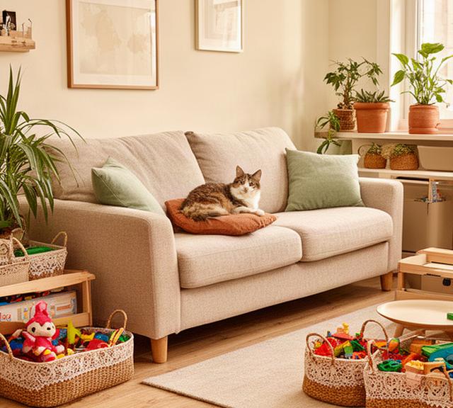 Living funcional con sofá de tela resistente, gato descansando sobre un almohadón, plantas de interior y juguetes infantiles organizados en canastos decorativos