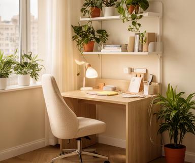 Rincón de home office en departamento con escritorio compacto de madera, silla ergonómica tapizada y estanterías abiertas con plantas